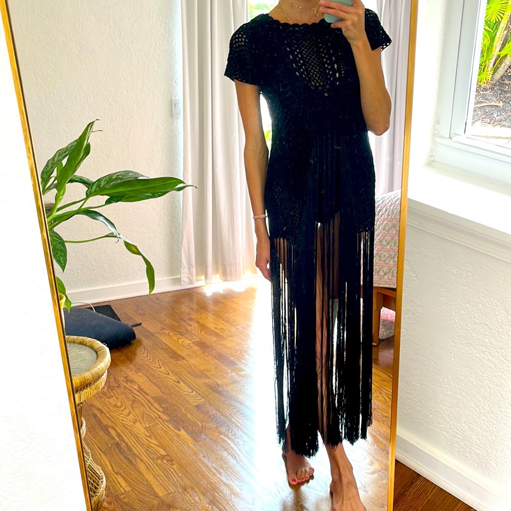Black Haute Hippie crochet fringe shirt/dress